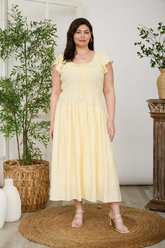 Plus Shirred Bodice Ruffle Sleeve Midi Dress