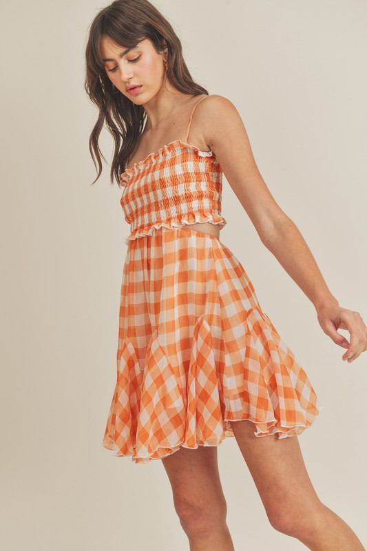 GINGHAM PLAID SMOCKED CUT OUT MINI DRESS