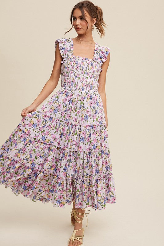 Flower Print Ruffle Strap Tiered Maxi Dress
