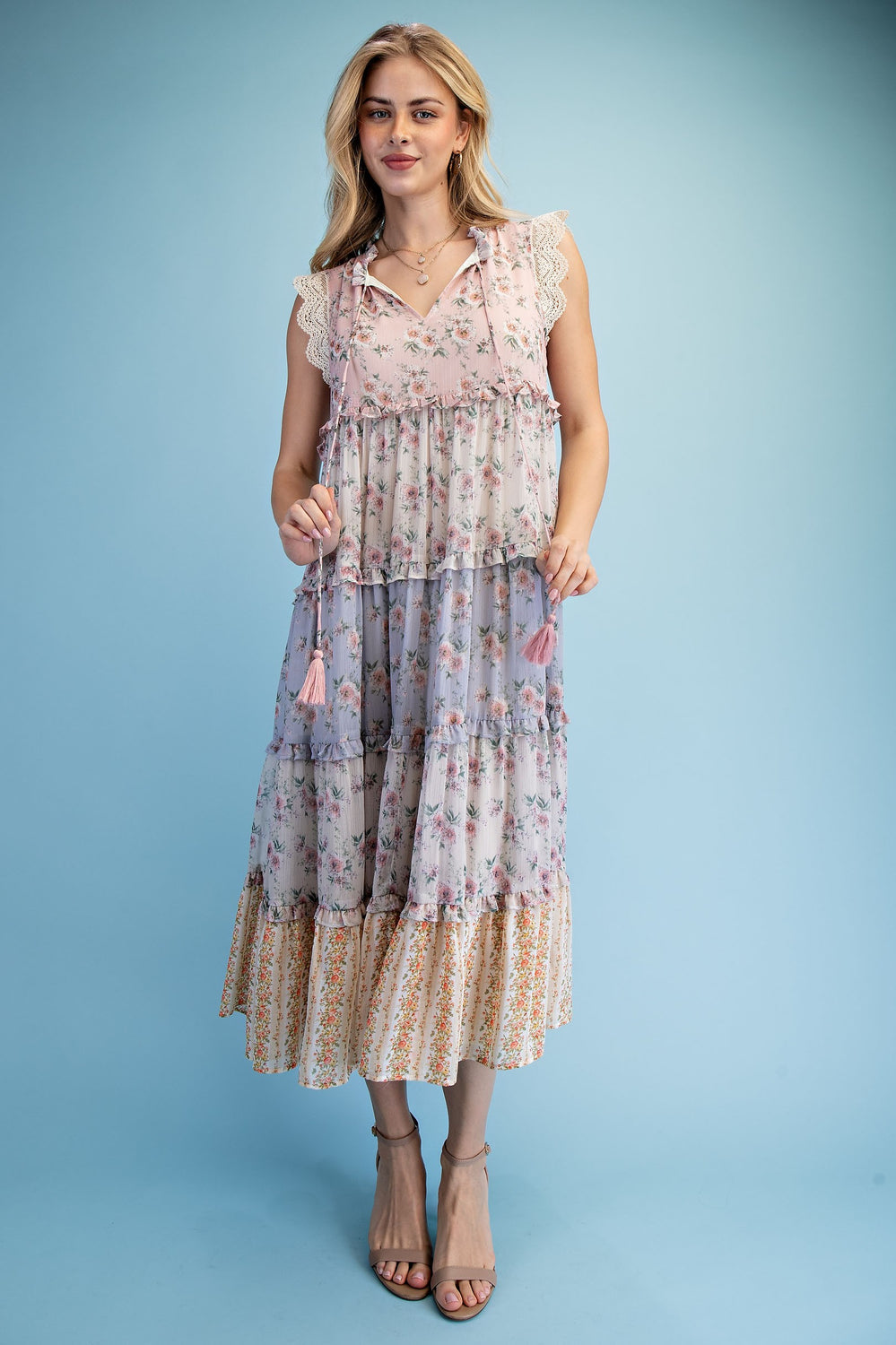 Vintage Floral Ruffled Tiered Midi Dress