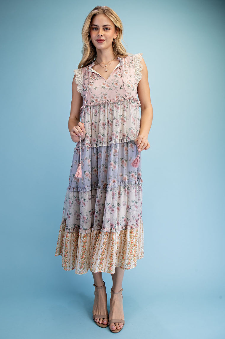 Vintage Floral Ruffled Tiered Midi Dress
