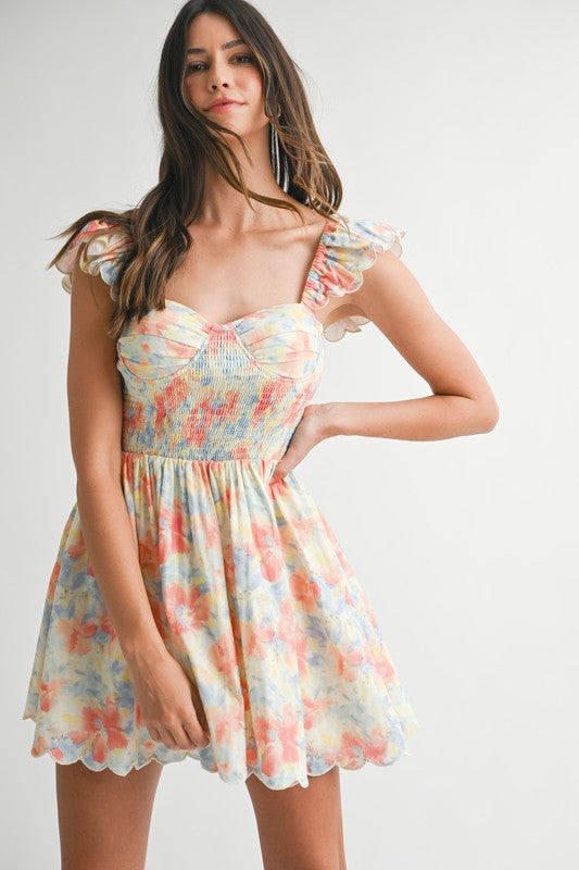 Floral Print Ruffle Sleeve Smocked Mini Dress