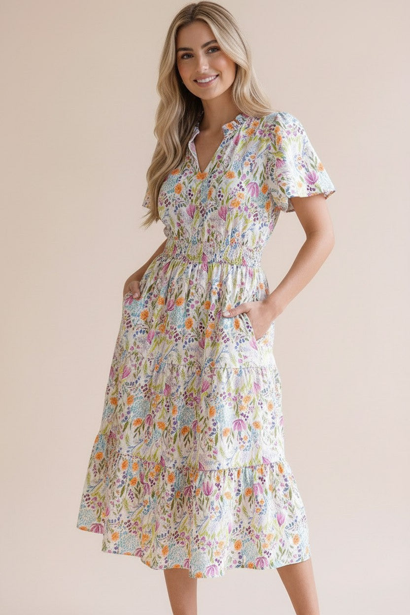 Notch Neck Smocked Waist Tiered Floral Dress