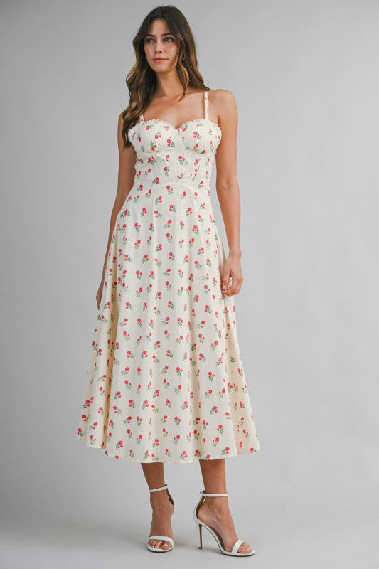 Floral Printed Lace Trim Back Lace Up Midi Dress