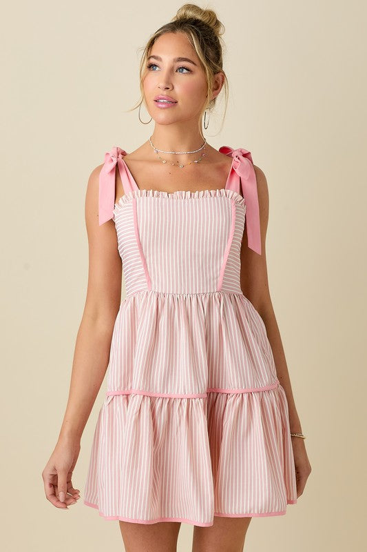 Stripe mini dress with ribbon shoulder strap