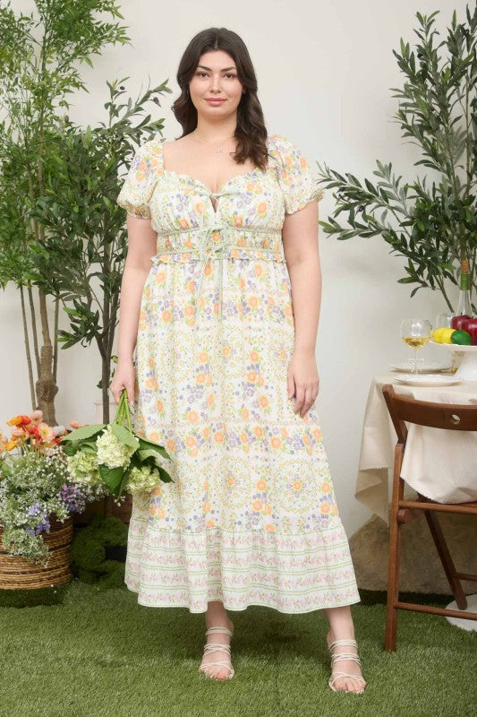 Floral Sweetheart Front Tie Puff Sleeve Midi Dress