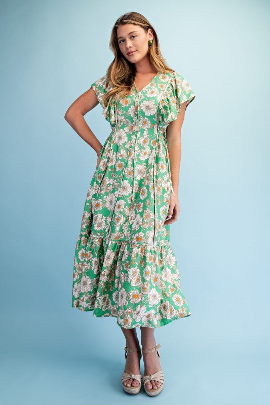 Vibrant Floral Print V-neck Midi Dress