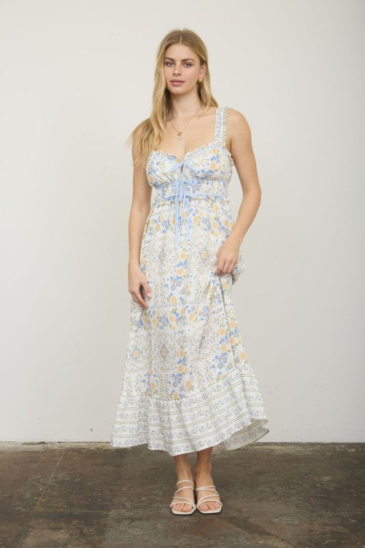 Border Floral Sleeveless Front Tie Midi Dress