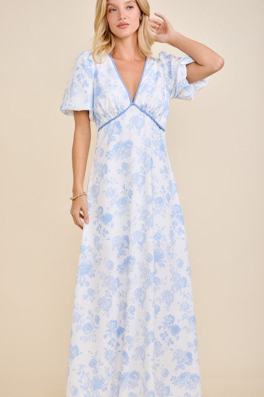 Floral Toile Print Bubble Sleeve Maxi Dress