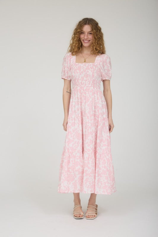 Floral Puff Sleeve Smocked Tiered Midi Dress