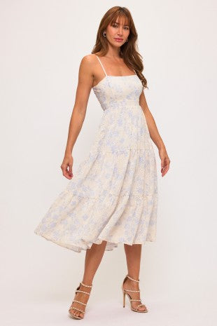Floral Eyelet Back Tie Fit And Flare Midi Dress