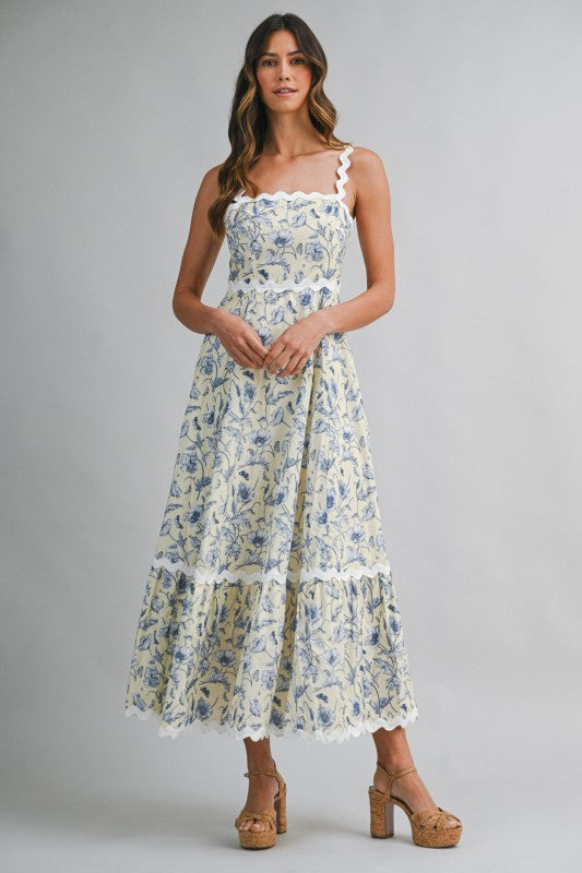 Floral Printed Ric-rac Trim Smocked Back Midi Dress