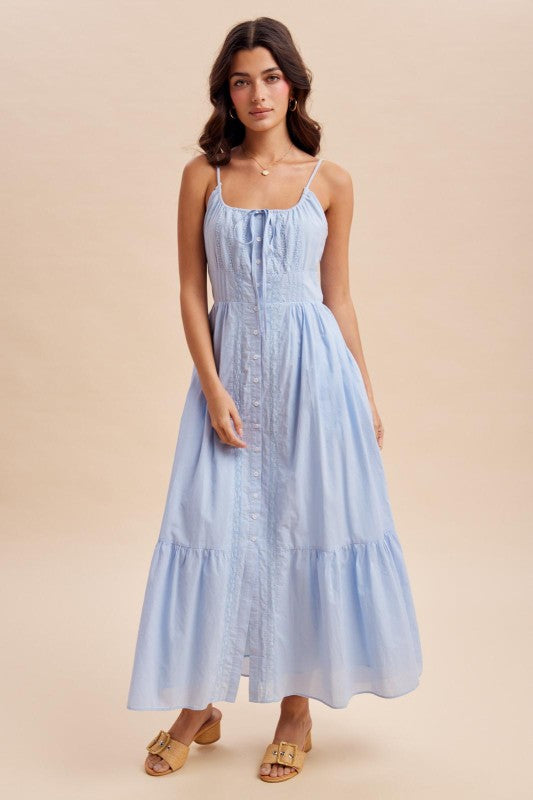 Gathered Cotton Button Down Maxi Dress