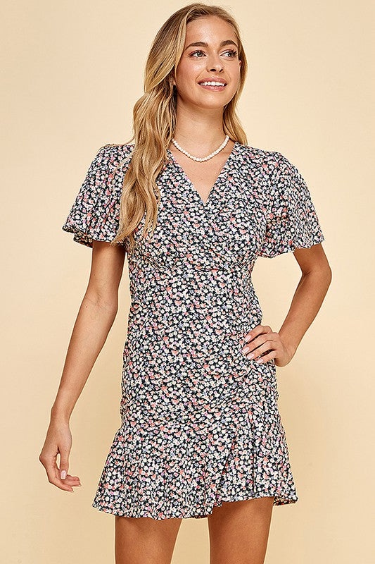 Floral V-neck Ruffle Mini Wrap Dress