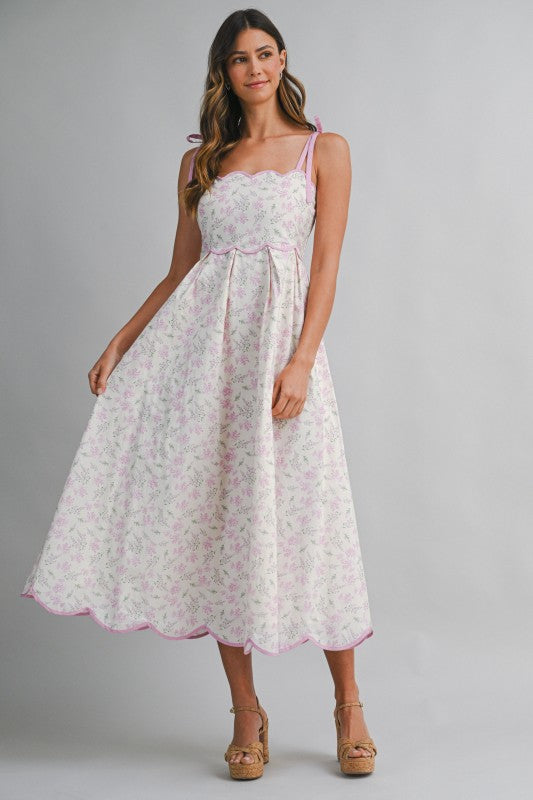 Floral Print Scallop Hem Contrast Self Tie Strap Midi Dress