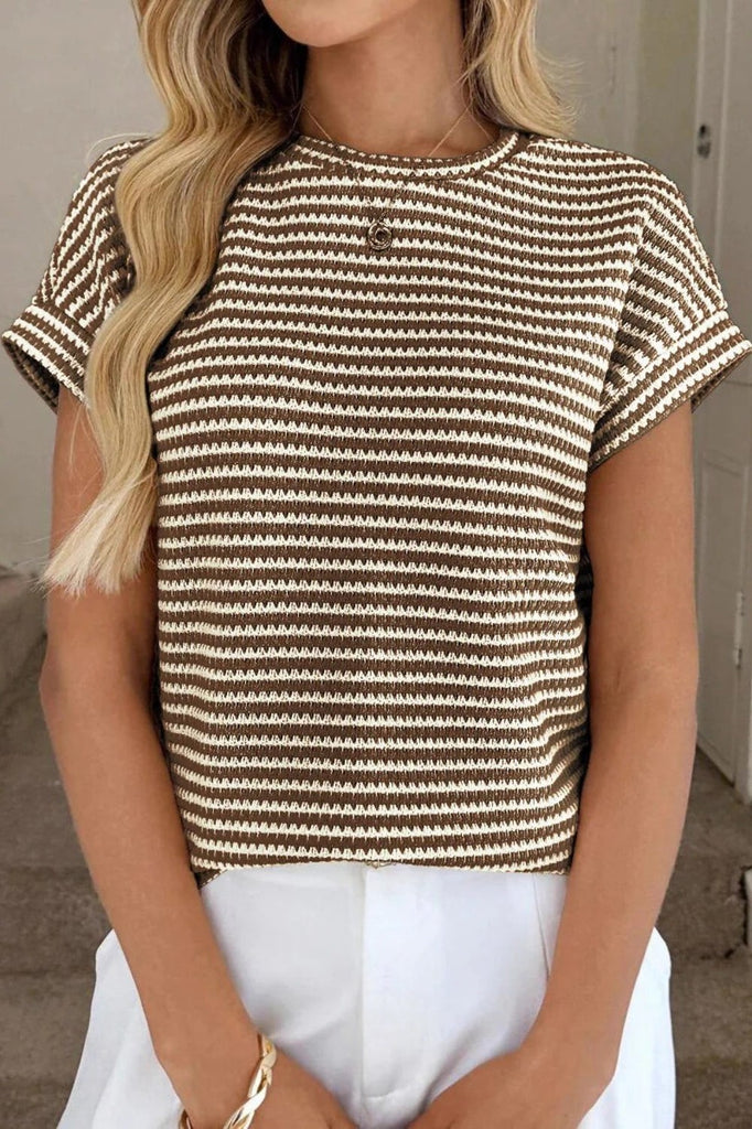 Lightweight Striped Knit Short Sleeve Summer Sweater Top