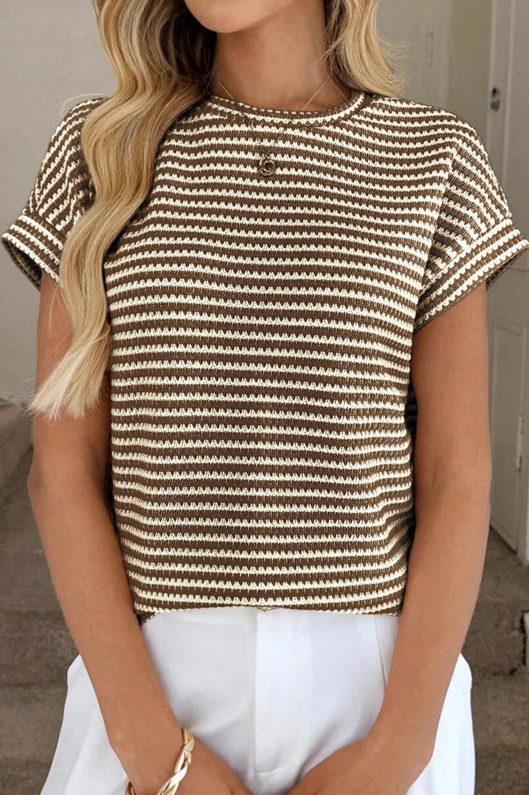 Lightweight Striped Knit Short Sleeve Summer Sweater Top