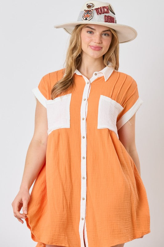 Gauze Color Block Shirt Dress