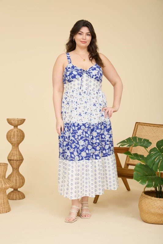 Plus Mixed Floral Spaghetti Tiered Midi Dress