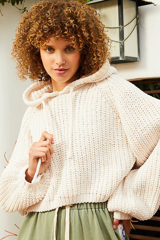 Tacked long sleeve hooded back open slit sweater