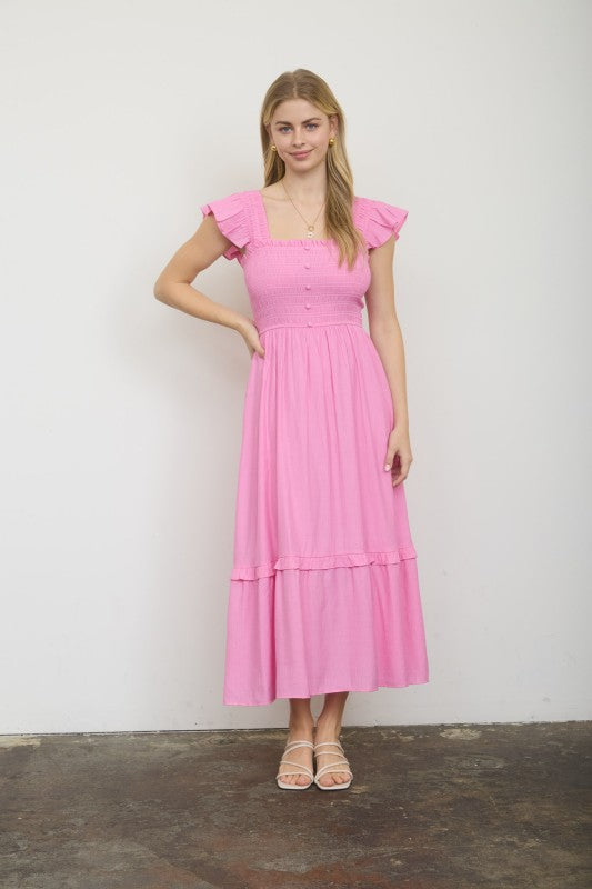 Mock Button Down Smocked Ruffle Detail Midi Dress