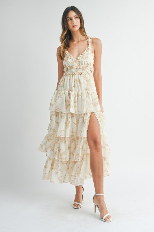 FLORAL RUFFLE DETAIL TIERED MAXI DRESS WITH SLIT