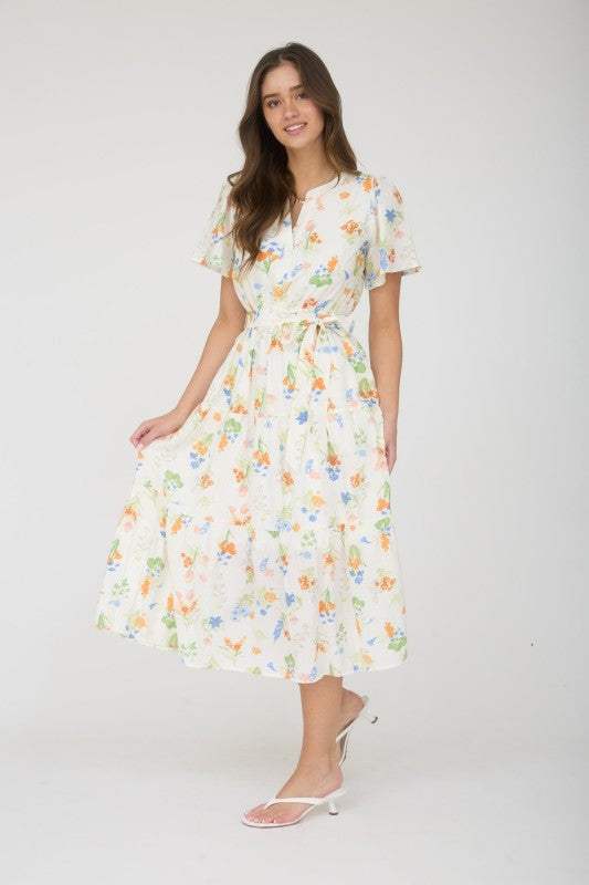 Floral Split Neck Belt Strap Tiered Midi Dress
