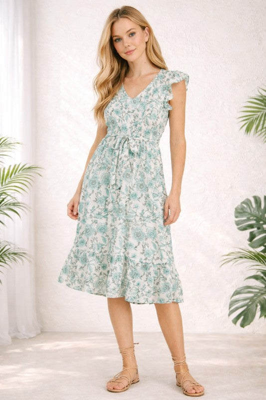 Smocked Flutter Sleeve Floral Midi Dress