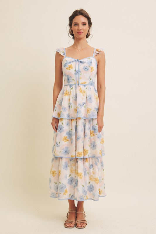 Floral Midi Dress With Ruffled Straps