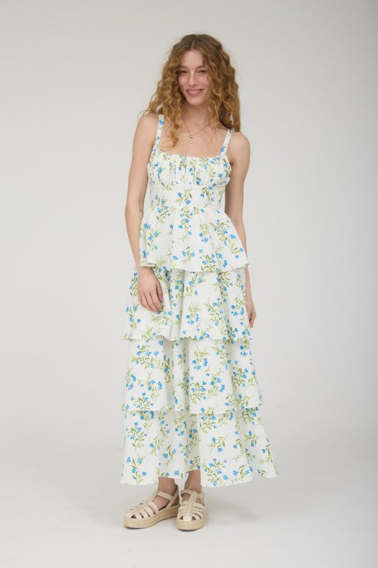 Floral Ruffle Tiered Back Tie Midi Dress
