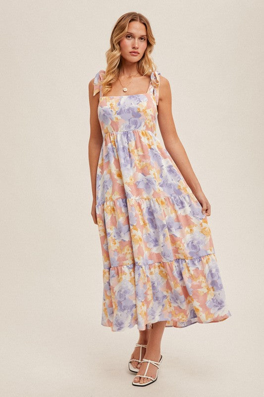 Tie Strap Tiered Midi Floral Dress