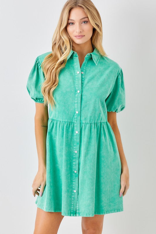 BUTTON UP MINI DRESS WITH PUFF SLEEVE DETAIL