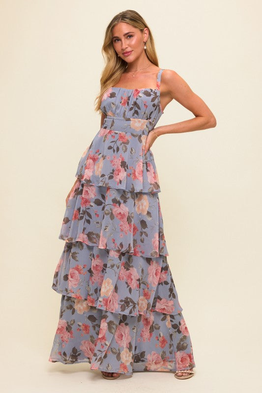 Floral Multi-layered Tie Back Maxi Dress