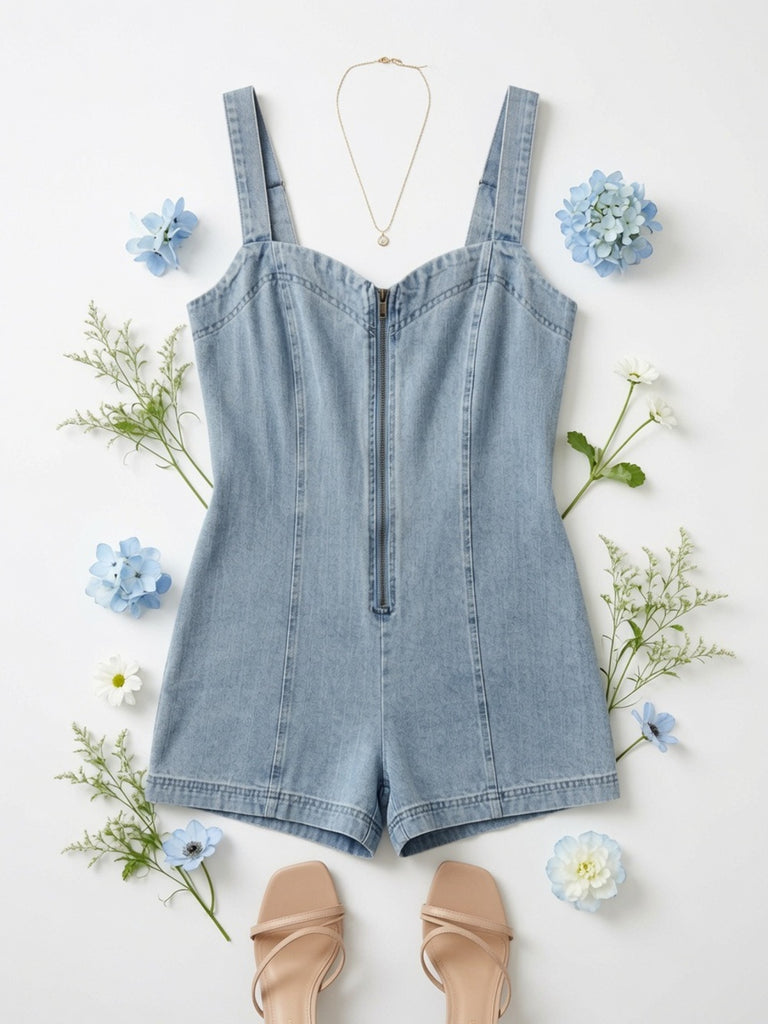 Retro Vintage Faded Washed Zip-up Denim Jumpsuit