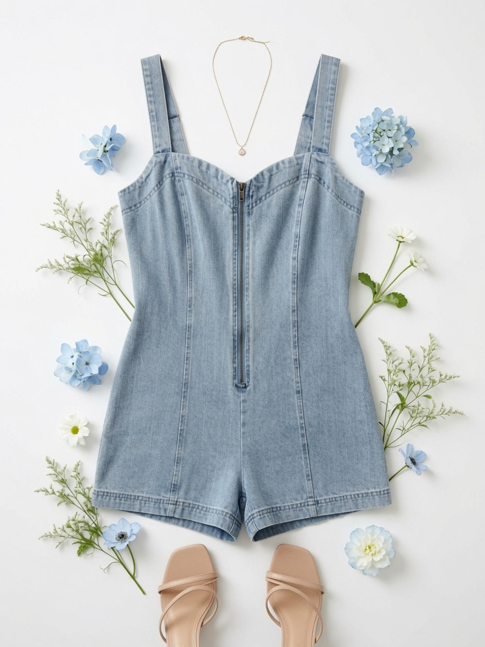 Retro Vintage Faded Washed Zip-up Denim Jumpsuit
