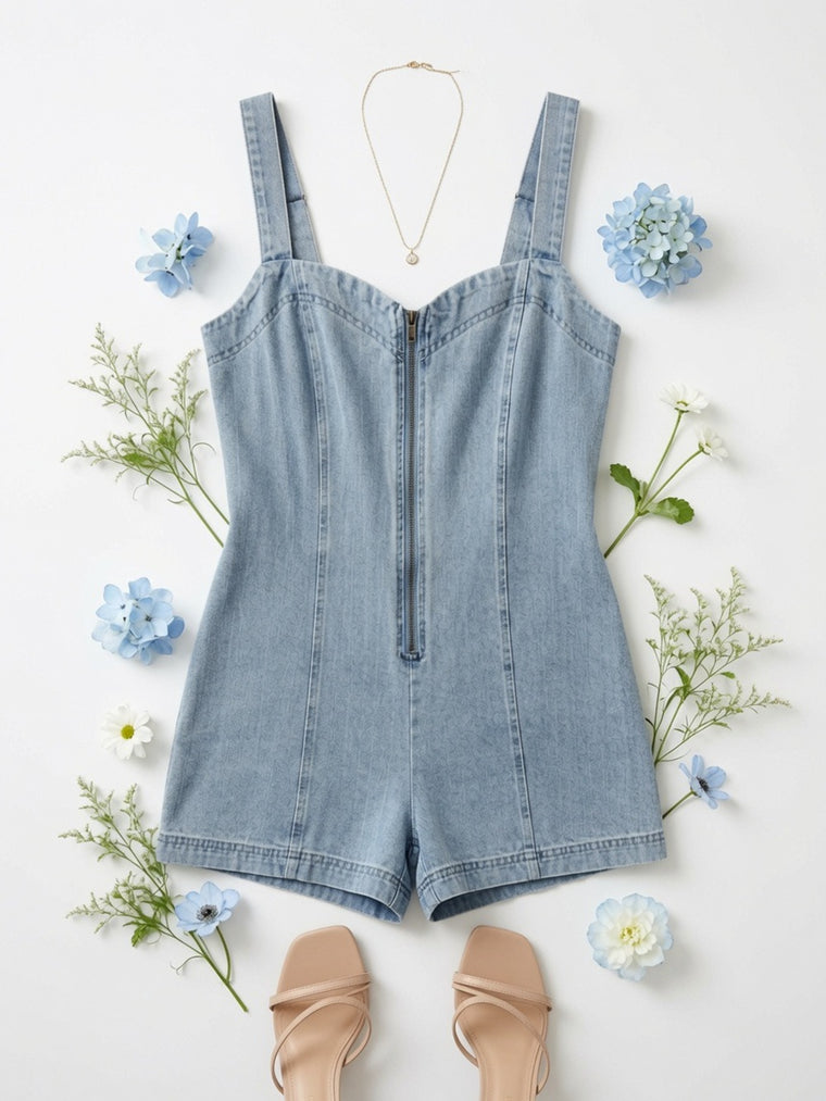 Retro Vintage Faded Washed Zip-up Denim Jumpsuit