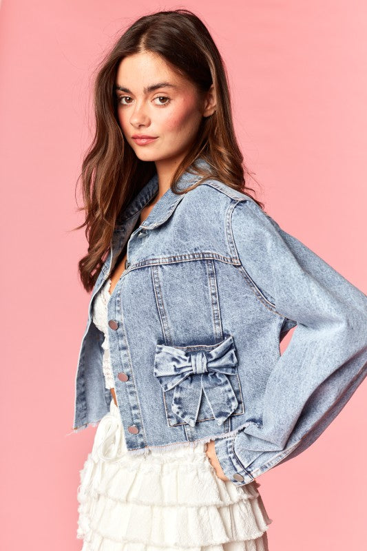 Denim Bow Pocket Cropped Jacket