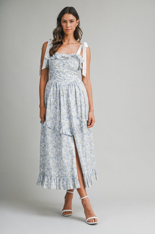 Floral Printed Contrast Shoulder Strap Midi Dress