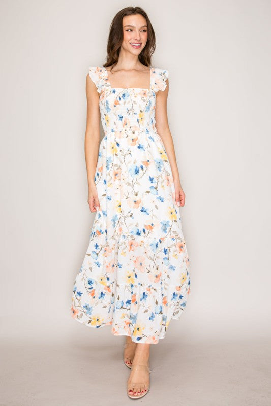 Smocked Print Maxi Dress