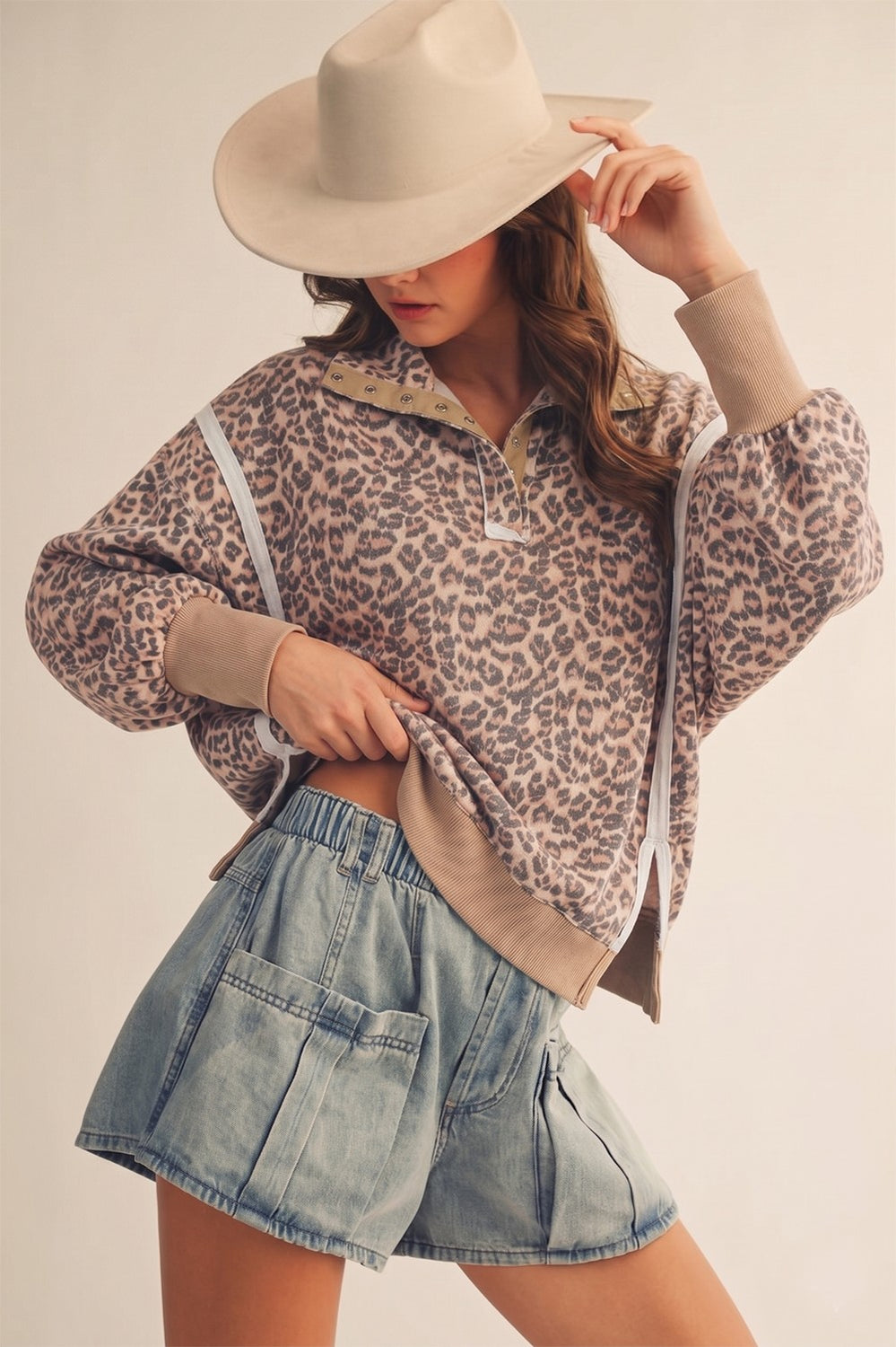 Leopard Untamed Signature Button Collar Pullover