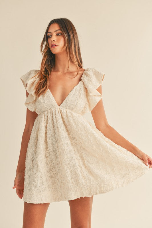 TEXTURED FLORAL SHOULDER RUFFLE DRESS