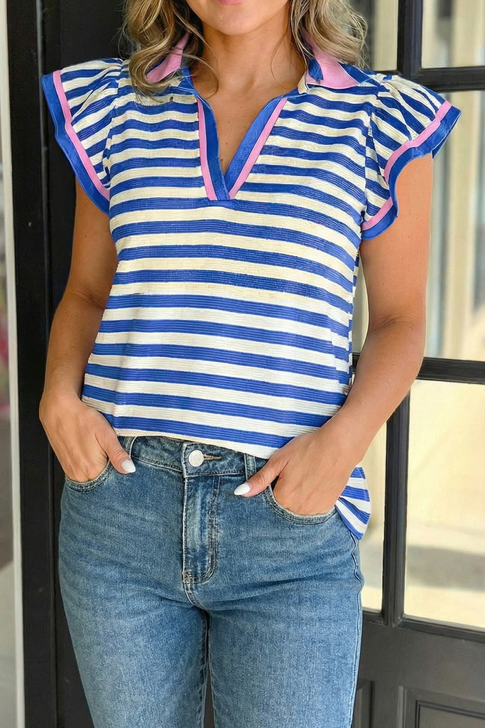 Stripe Contrast Trim Polo Collar Ruffled Short Sleeve Blouse