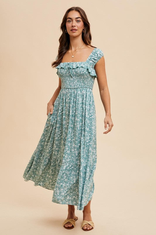 Smocked Floral Print Maxi