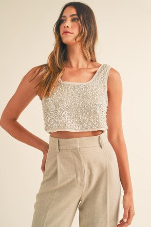 SEQUIN AND PEARL SLEEVELESS CROP TOP