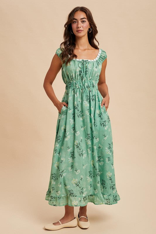 Cotton Floral Ruched Maxi Dress
