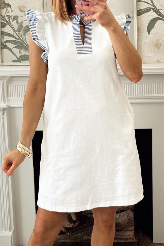 Contrasted Striped Patchwork Ruffle Trim Sleevele Dress