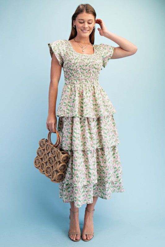 Floral Tiered Elastic Waist Midi Dress