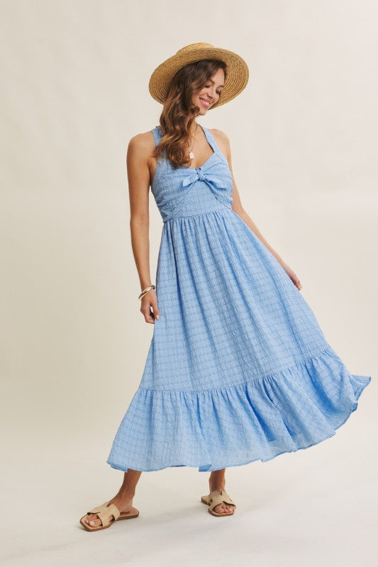 Mood-lifting Textured Flare Smocked Midi Dress