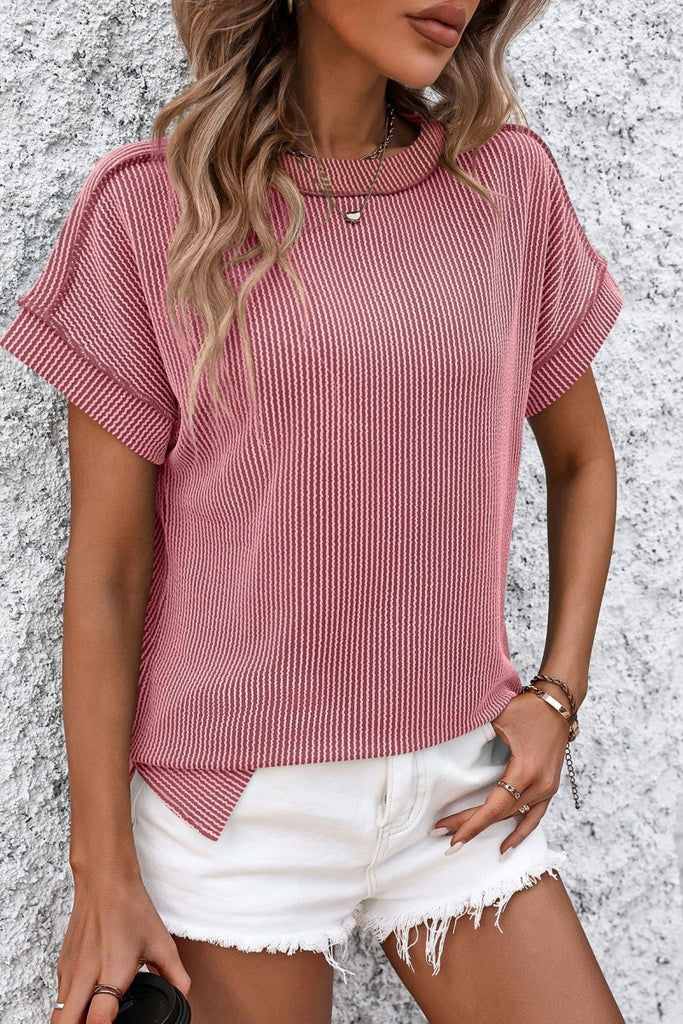 Ribbed Knit Top Relaxed Fit Short Sleeve Pocket Detail