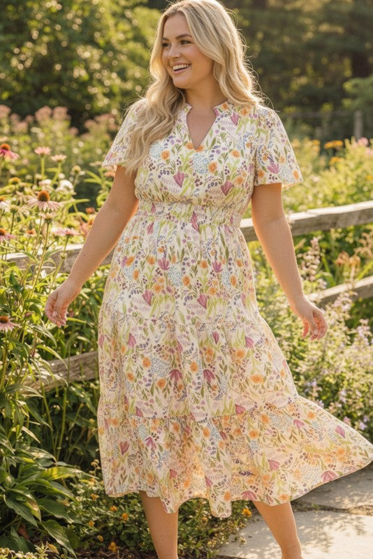 Plus Notch Neck Smocked Waist Tiered Floral Dress